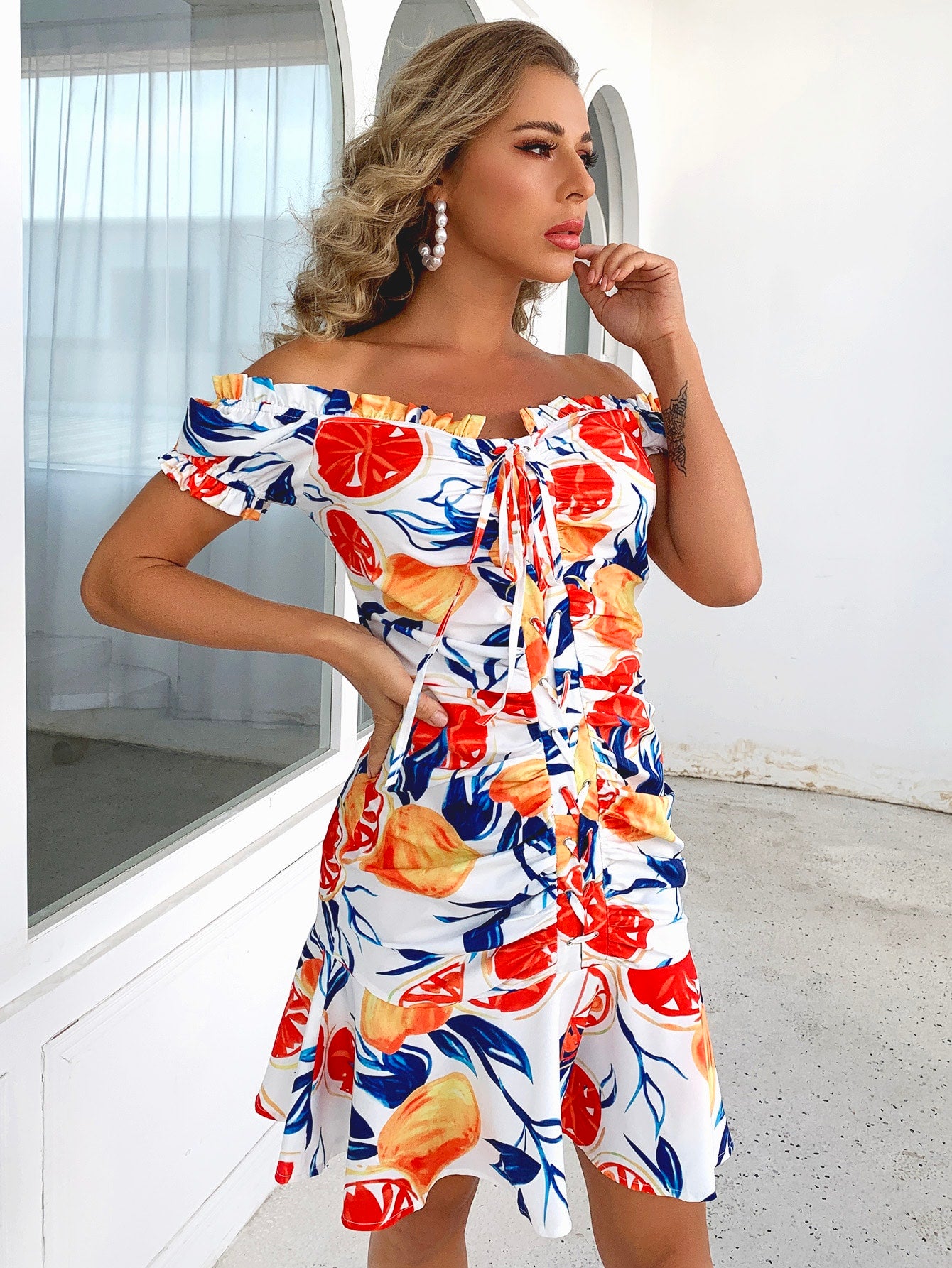 Printed Lace-Up Off-Shoulder Ruffle Hem Dress