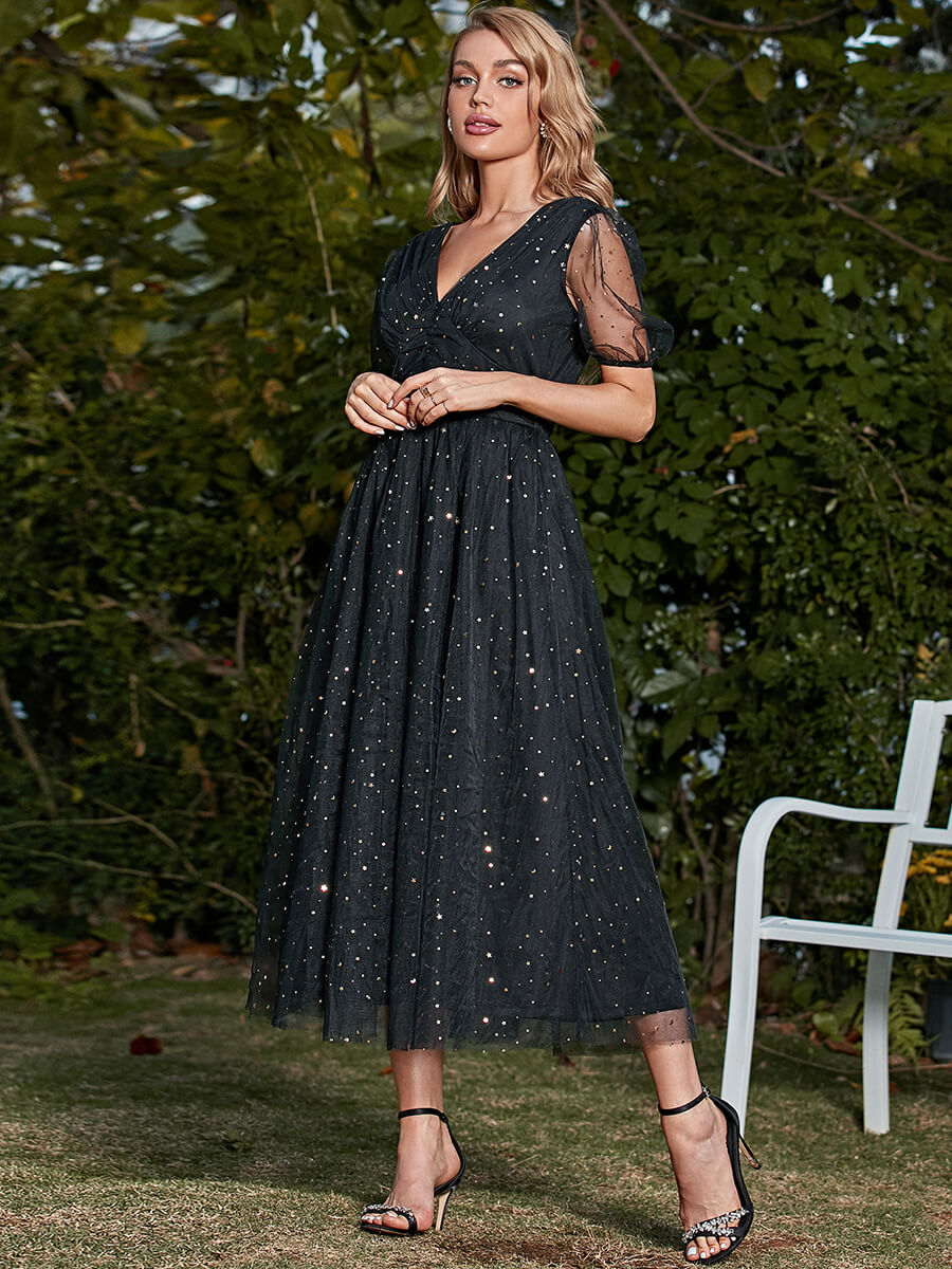 Glitter Spliced Mesh Midi Dress