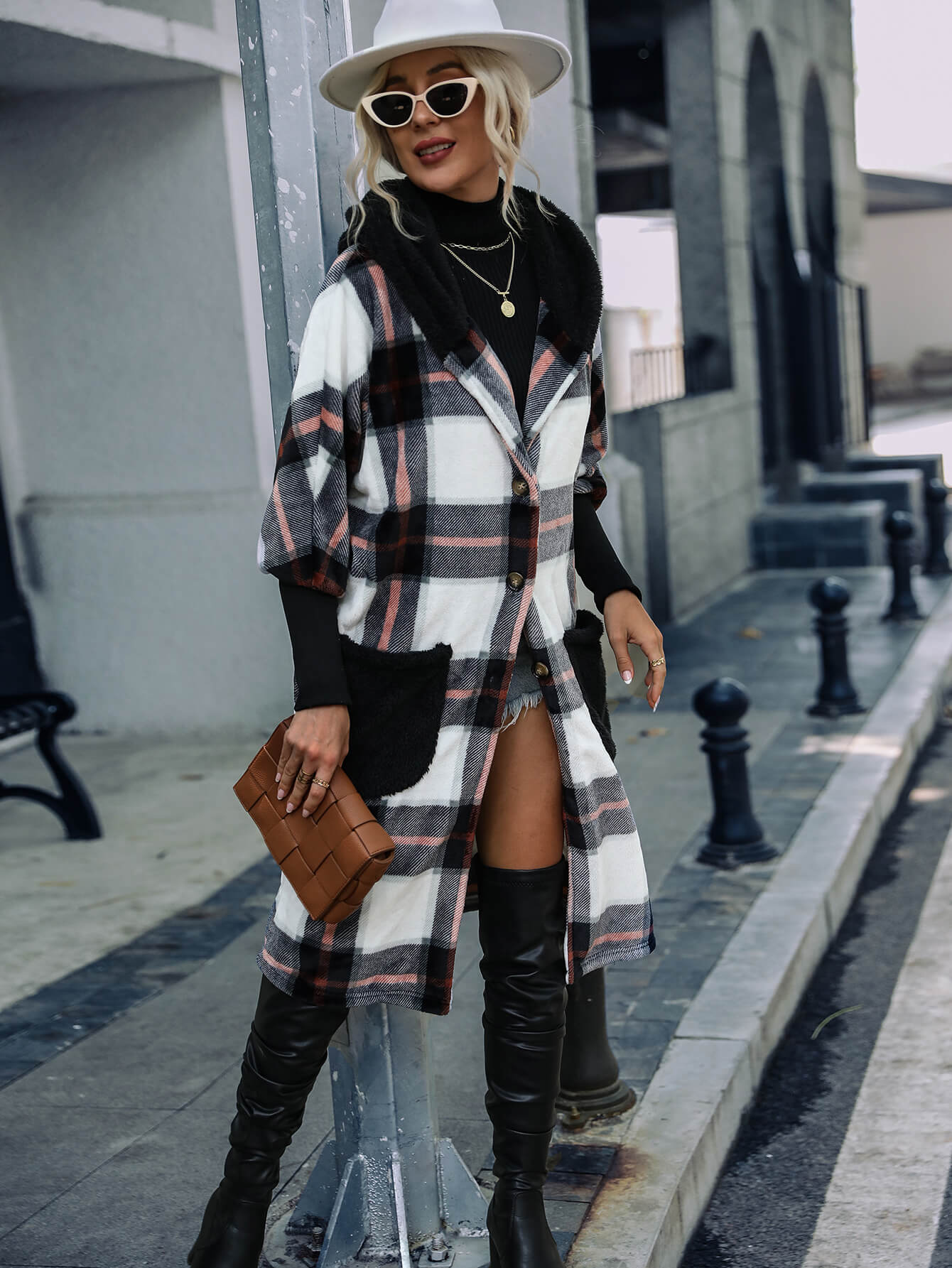Plaid Button Down Fleece Hooded Jacket