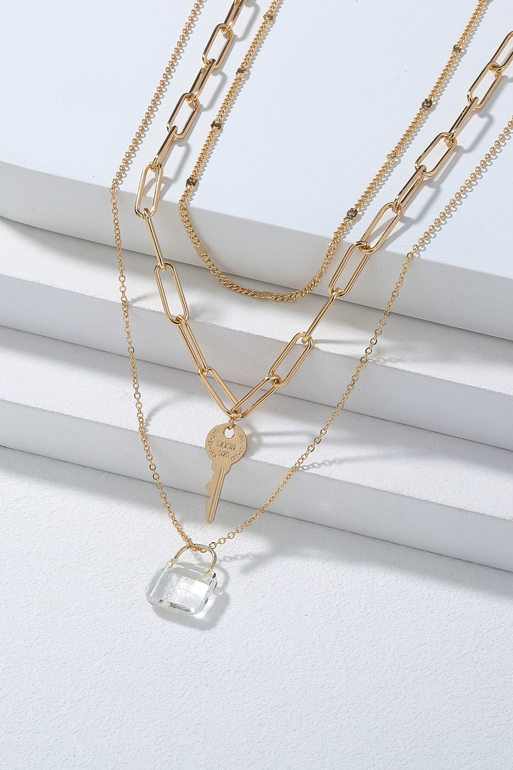 Crystal Lock and Key Pendant Three-Piece Necklace Set