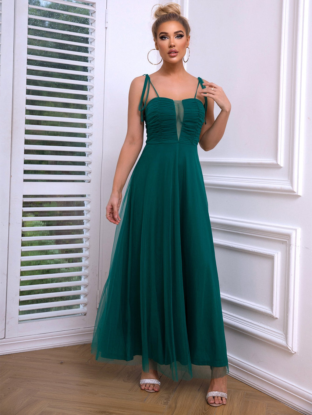 Tie Shoulder Ruched Mesh Overlay Maxi Dress