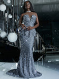 Sequin Spliced Mesh Peplum Dress