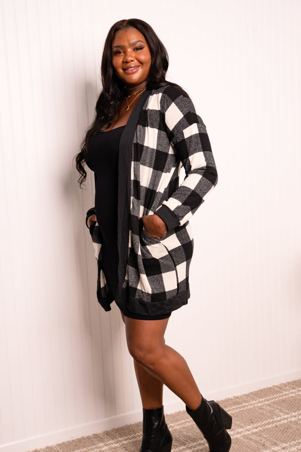 Heimish Full Size Plaid Open Front Dropped Shoulder Top