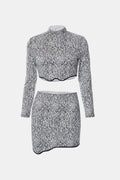 Abstract Print Mock Neck Cropped Top and Skirt Set