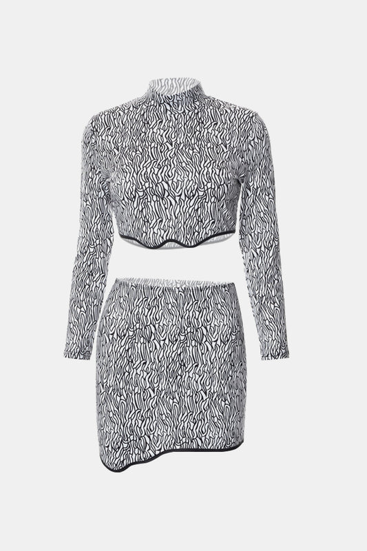 Abstract Print Mock Neck Cropped Top and Skirt Set