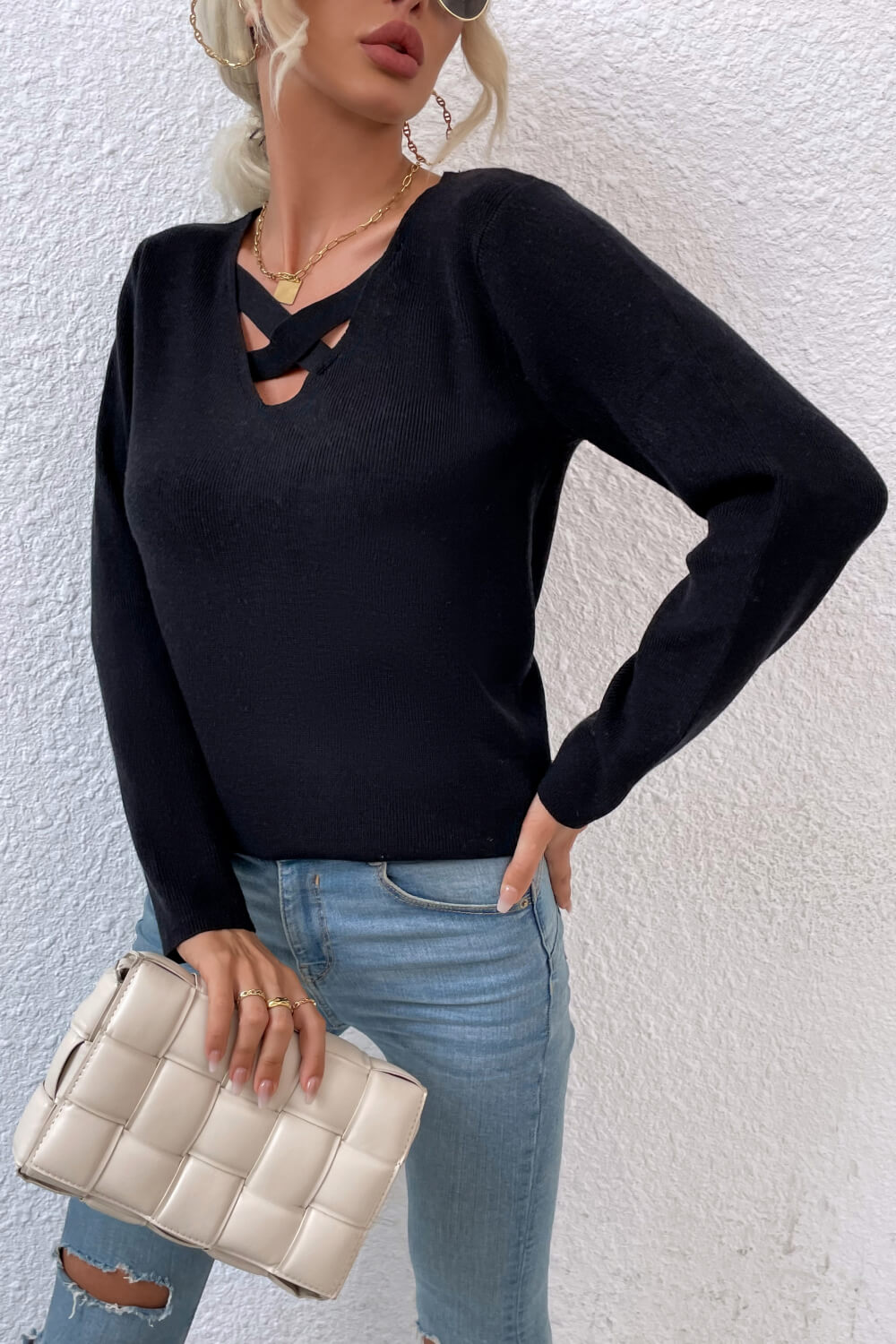 Crisscross V-Neck Knit Top