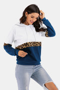 Color Block Leopard Print Drawstring Hoodie