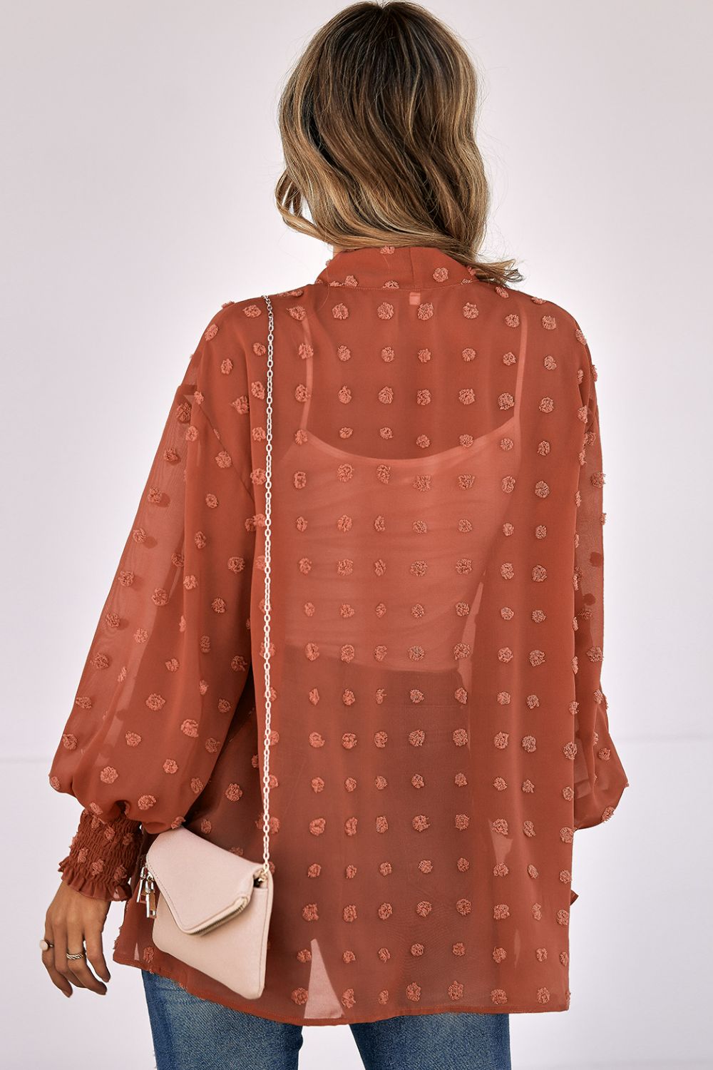 Swiss Dot Smocked Cuff Open Front Sheer Top