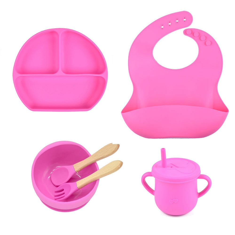 6pcs baby tableware set plate sucktion bowl cup bib spoon fork children silicone feeding cultery set