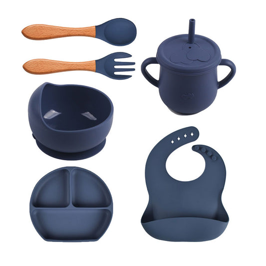 6pcs baby tableware set plate sucktion bowl cup bib spoon fork children silicone feeding cultery set