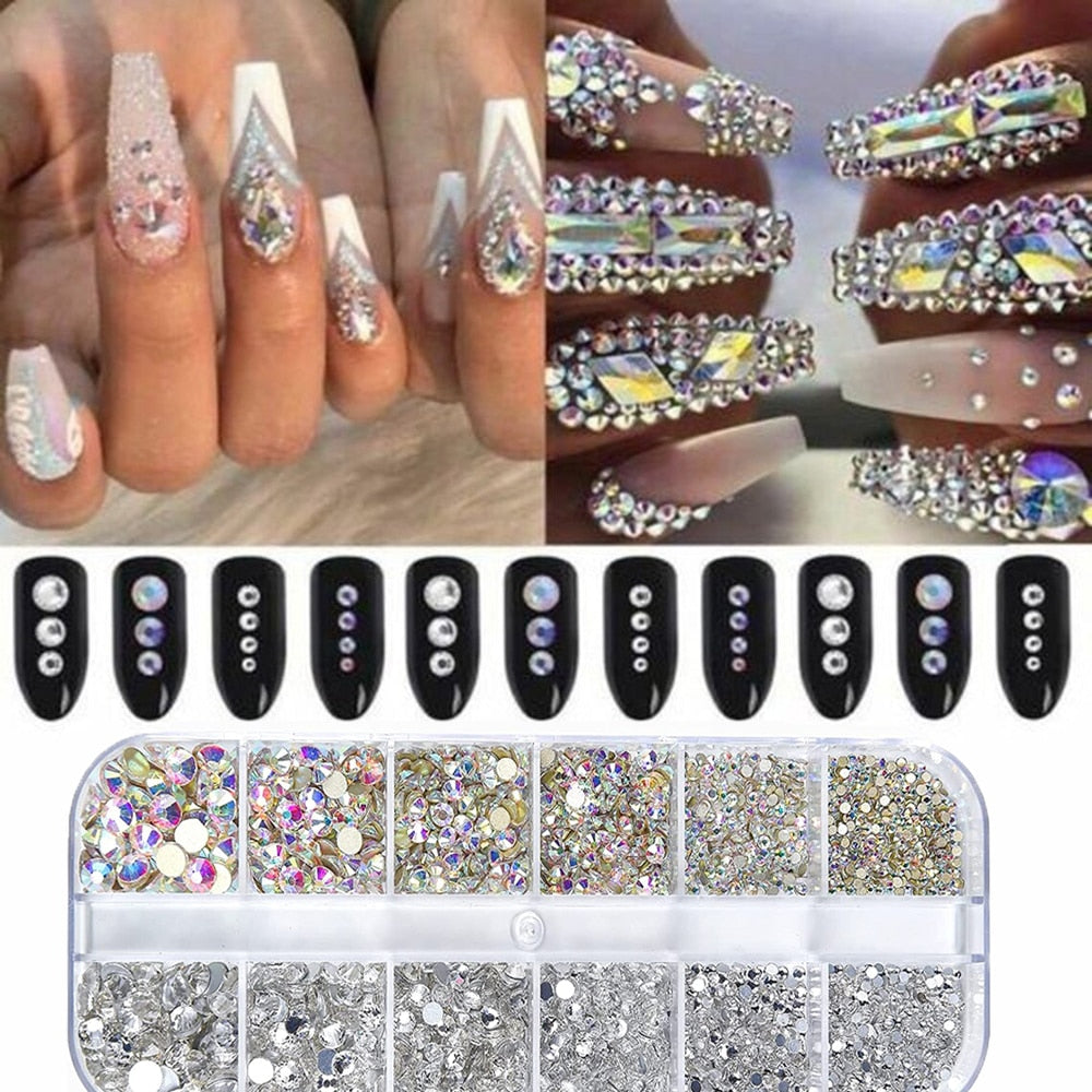 Nail Art Rhinestones Kit 2400pcs Nail Gems Ab Flatback Rhinestones Gems Stones with Storage Organizer for Design Bright Holiday