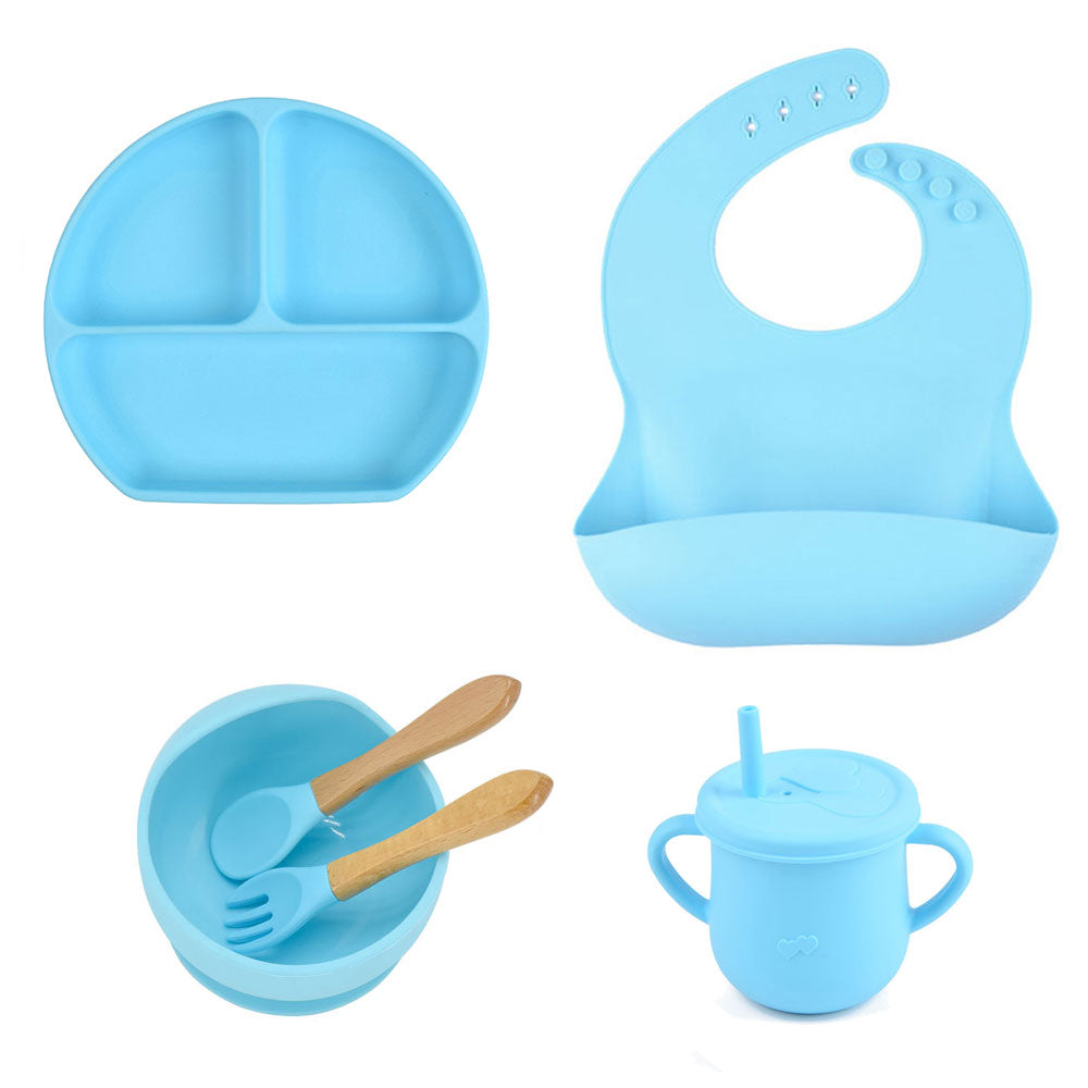 6pcs baby tableware set plate sucktion bowl cup bib spoon fork children silicone feeding cultery set
