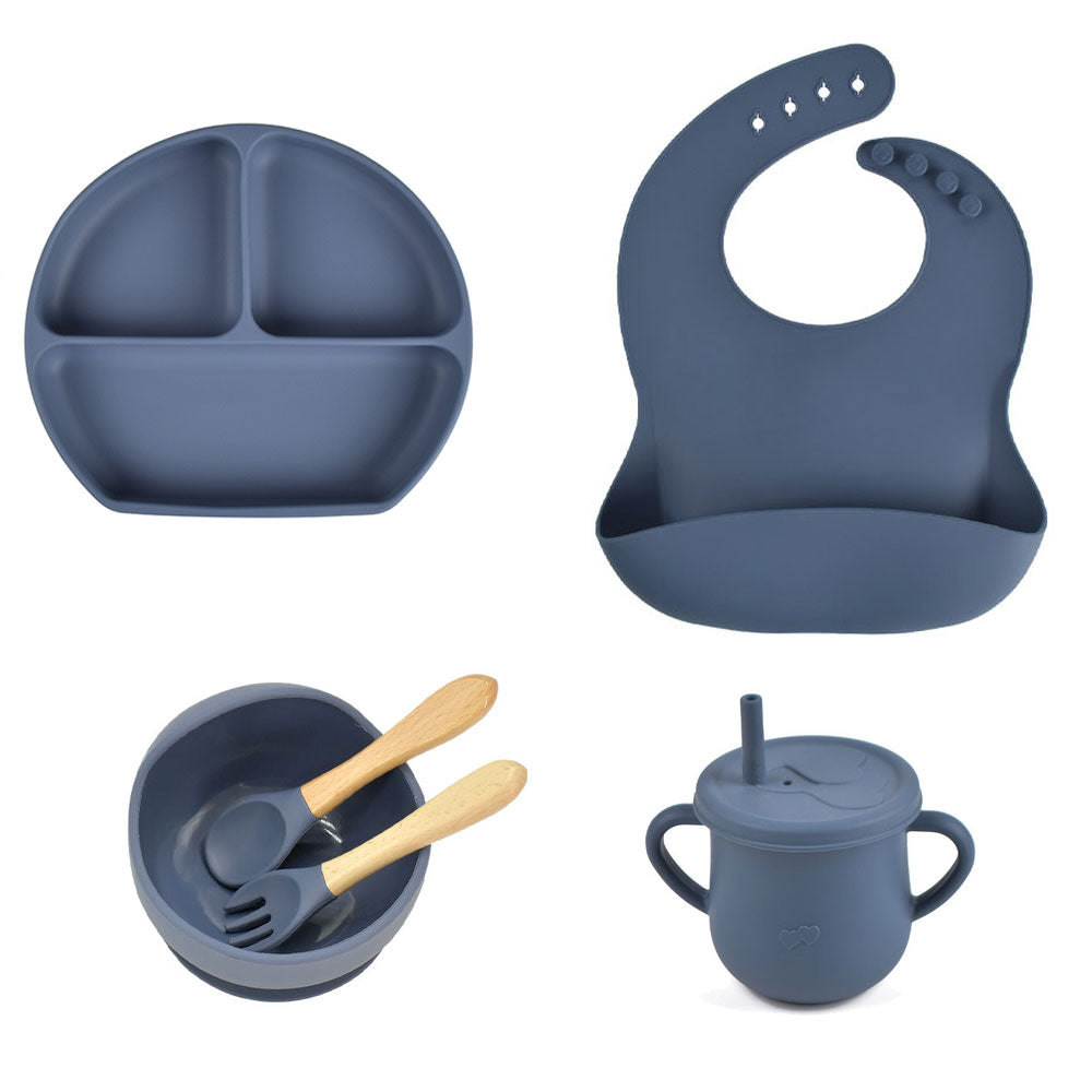 6pcs baby tableware set plate sucktion bowl cup bib spoon fork children silicone feeding cultery set