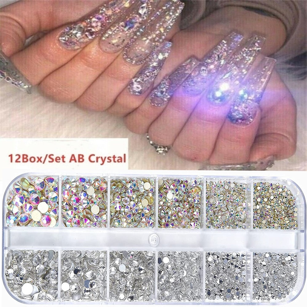 Nail Art Rhinestones Kit 2400pcs Nail Gems Ab Flatback Rhinestones Gems Stones with Storage Organizer for Design Bright Holiday