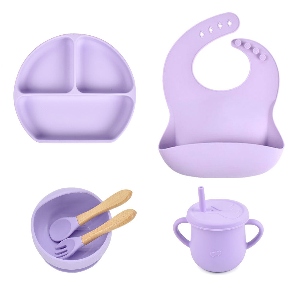 6pcs baby tableware set plate sucktion bowl cup bib spoon fork children silicone feeding cultery set