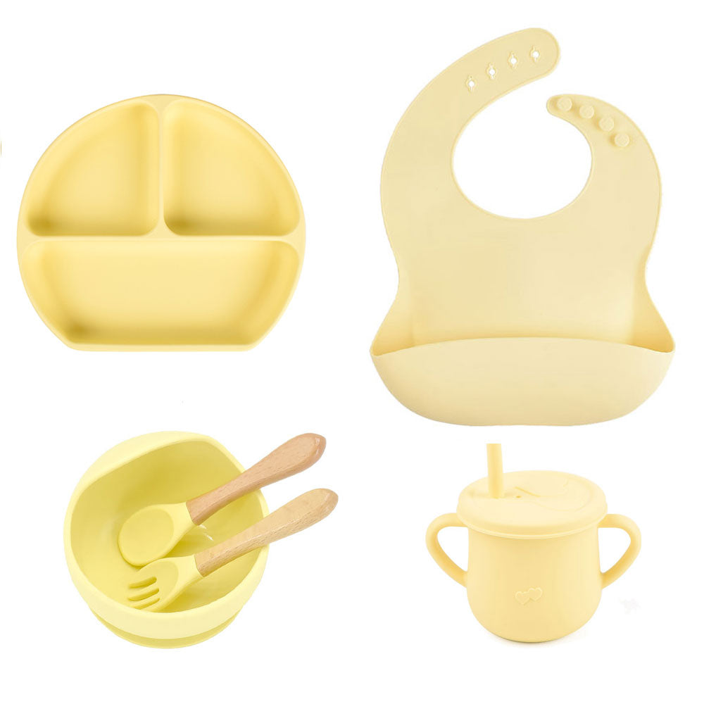6pcs baby tableware set plate sucktion bowl cup bib spoon fork children silicone feeding cultery set