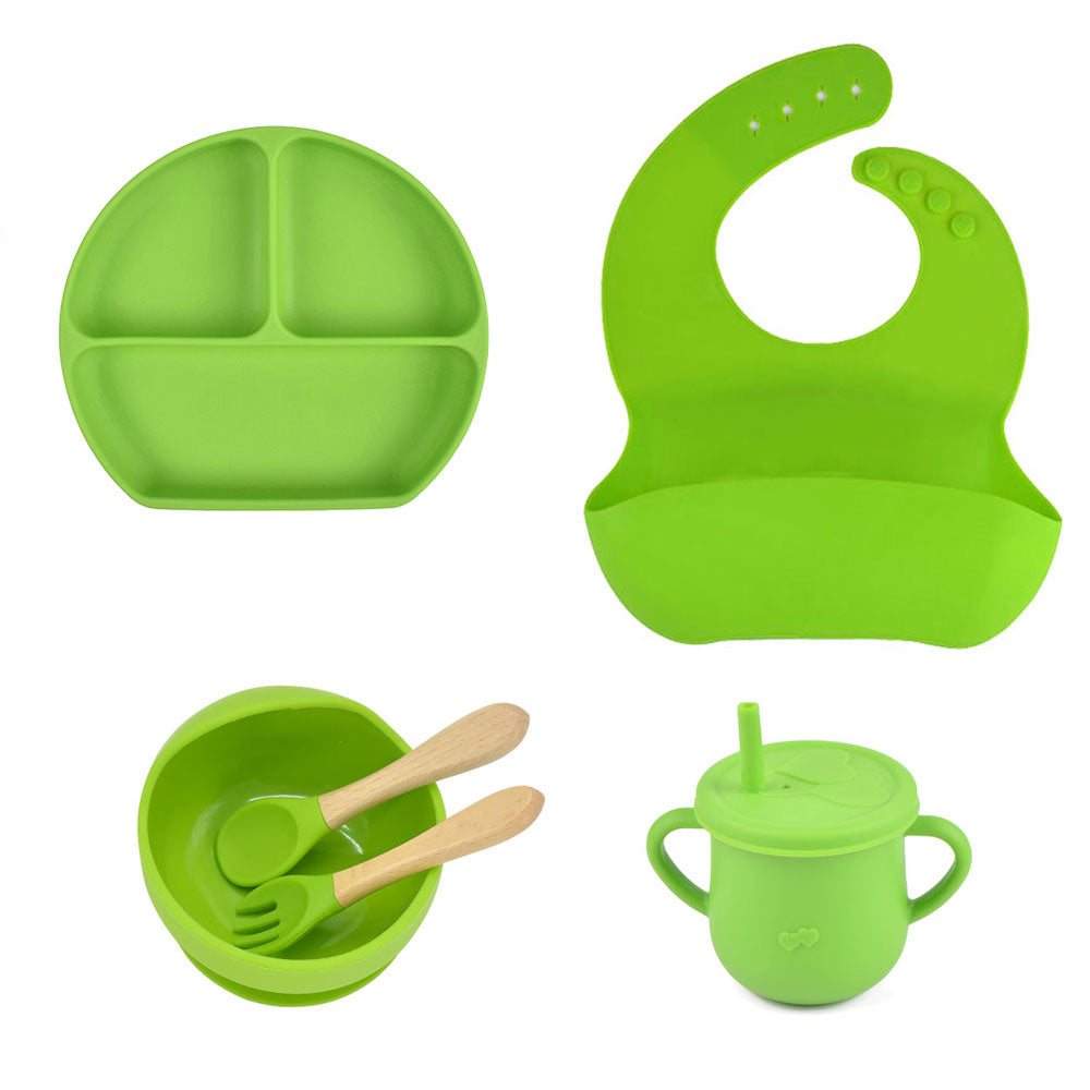 6pcs baby tableware set plate sucktion bowl cup bib spoon fork children silicone feeding cultery set