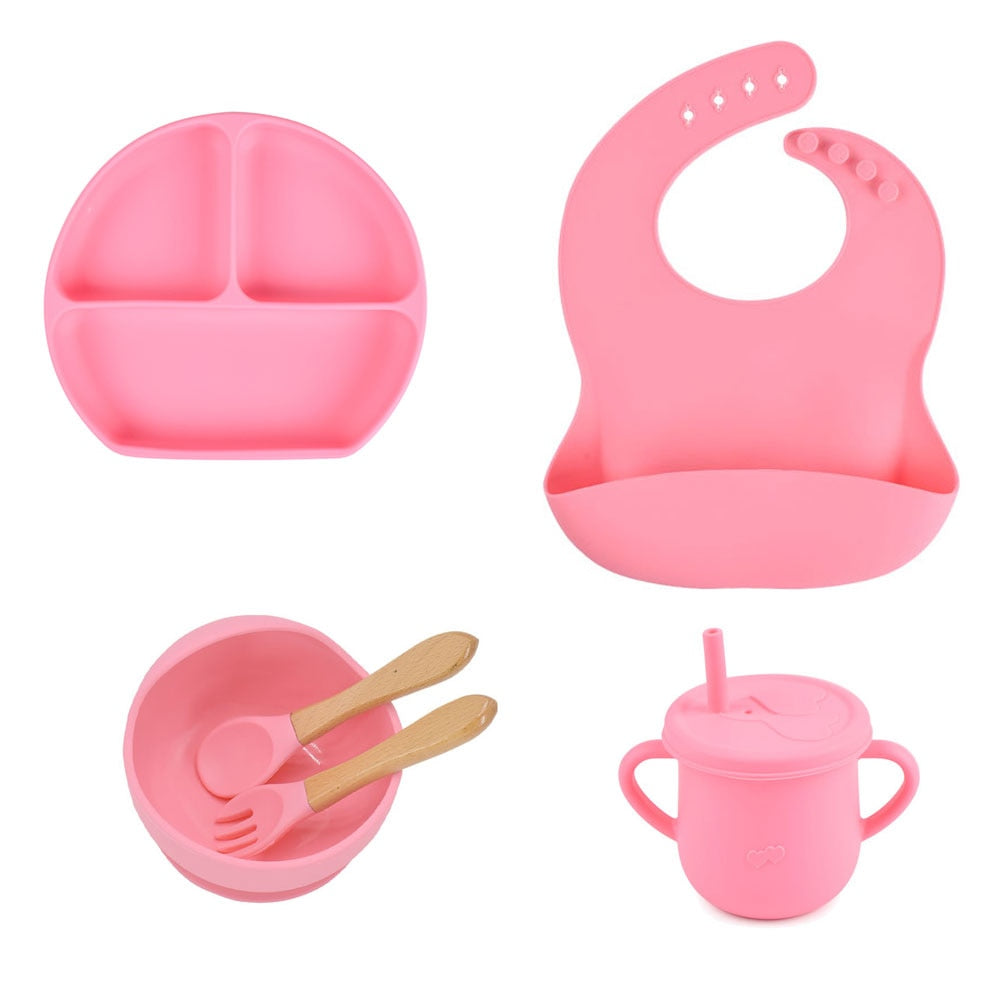 6pcs baby tableware set plate sucktion bowl cup bib spoon fork children silicone feeding cultery set