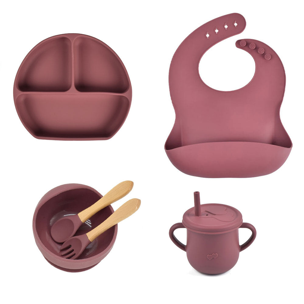 6pcs baby tableware set plate sucktion bowl cup bib spoon fork children silicone feeding cultery set