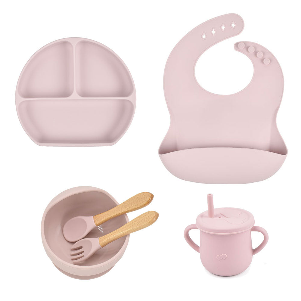 6pcs baby tableware set plate sucktion bowl cup bib spoon fork children silicone feeding cultery set