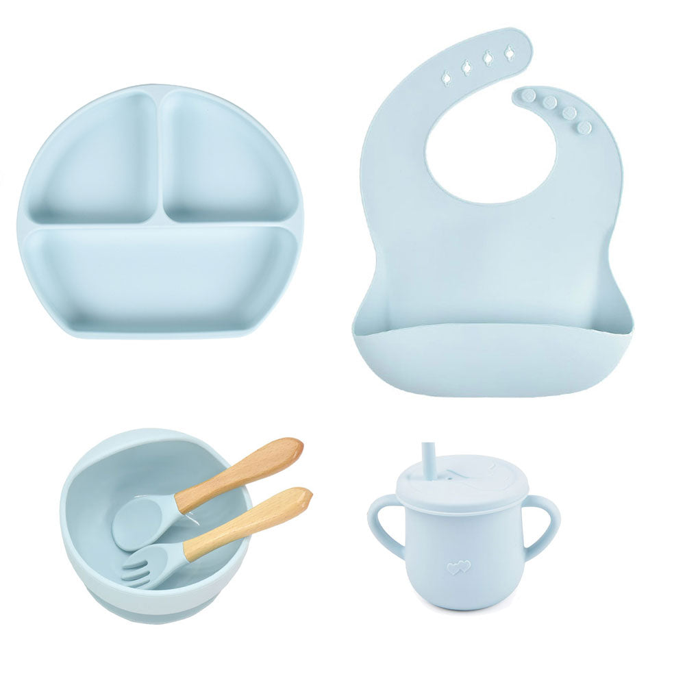 6pcs baby tableware set plate sucktion bowl cup bib spoon fork children silicone feeding cultery set