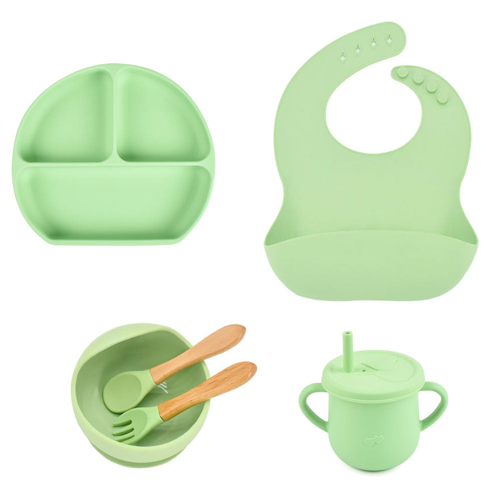 6pcs baby tableware set plate sucktion bowl cup bib spoon fork children silicone feeding cultery set