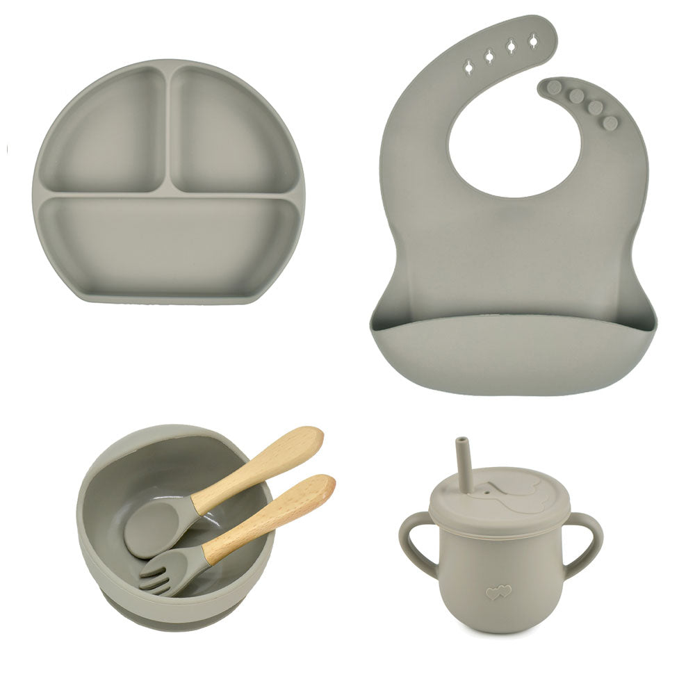 6pcs baby tableware set plate sucktion bowl cup bib spoon fork children silicone feeding cultery set