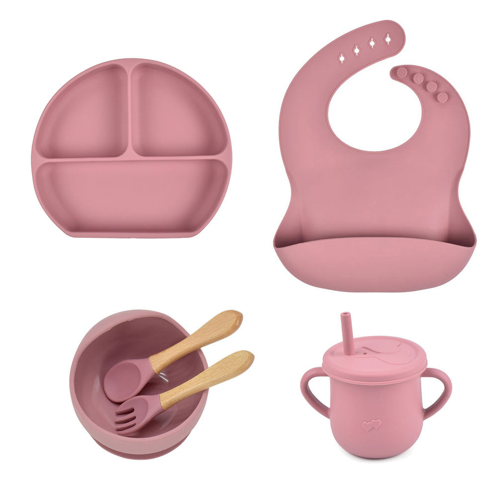 6pcs baby tableware set plate sucktion bowl cup bib spoon fork children silicone feeding cultery set