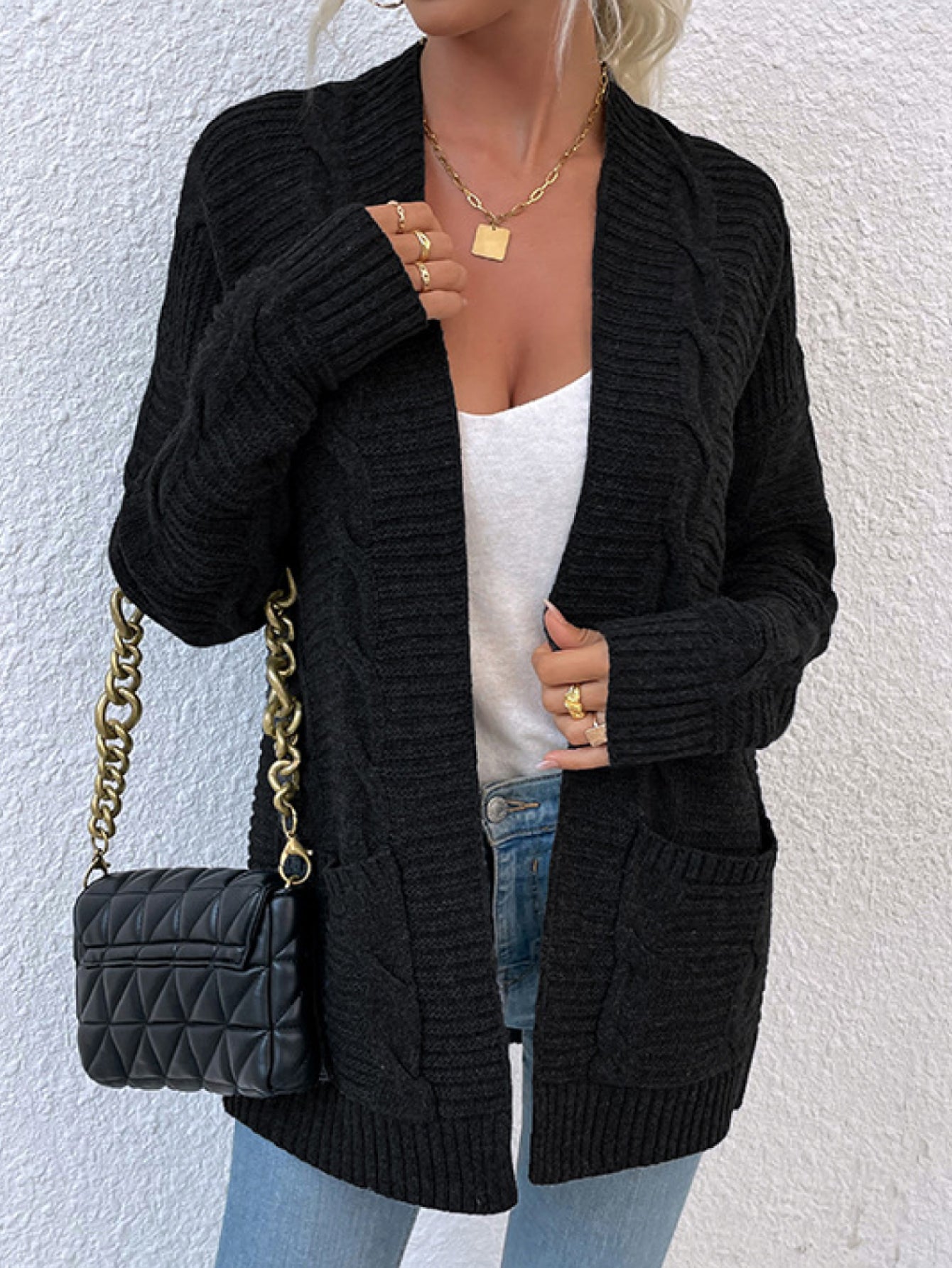 Cable-Knit Open Front Cardigan with Pockets