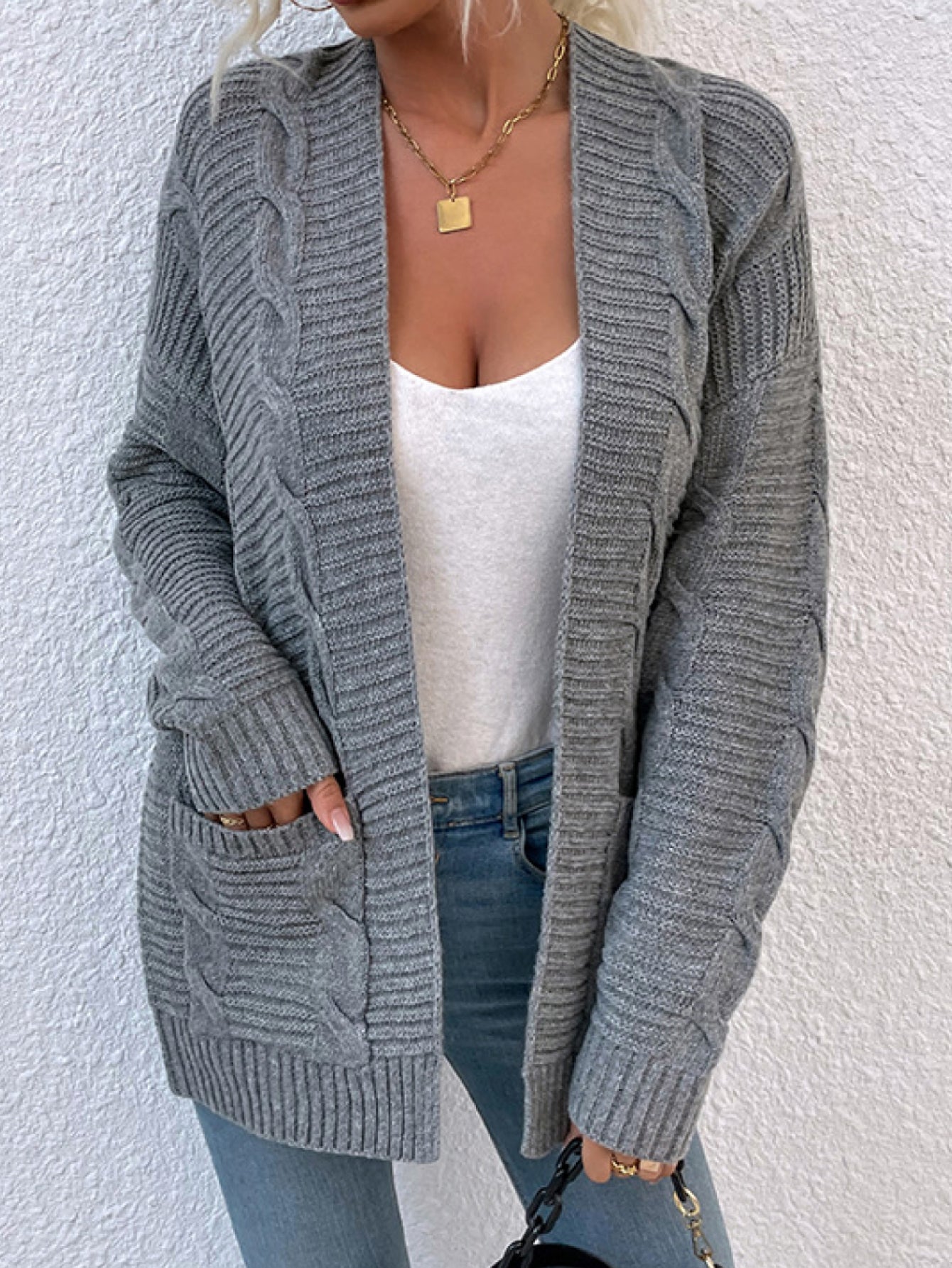 Cable-Knit Open Front Cardigan with Pockets