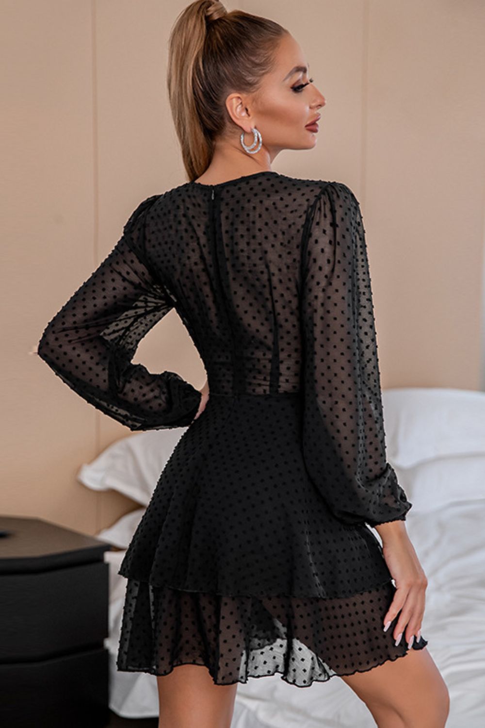 Swiss Dot Puff Sleeve Surplice Layered Dress