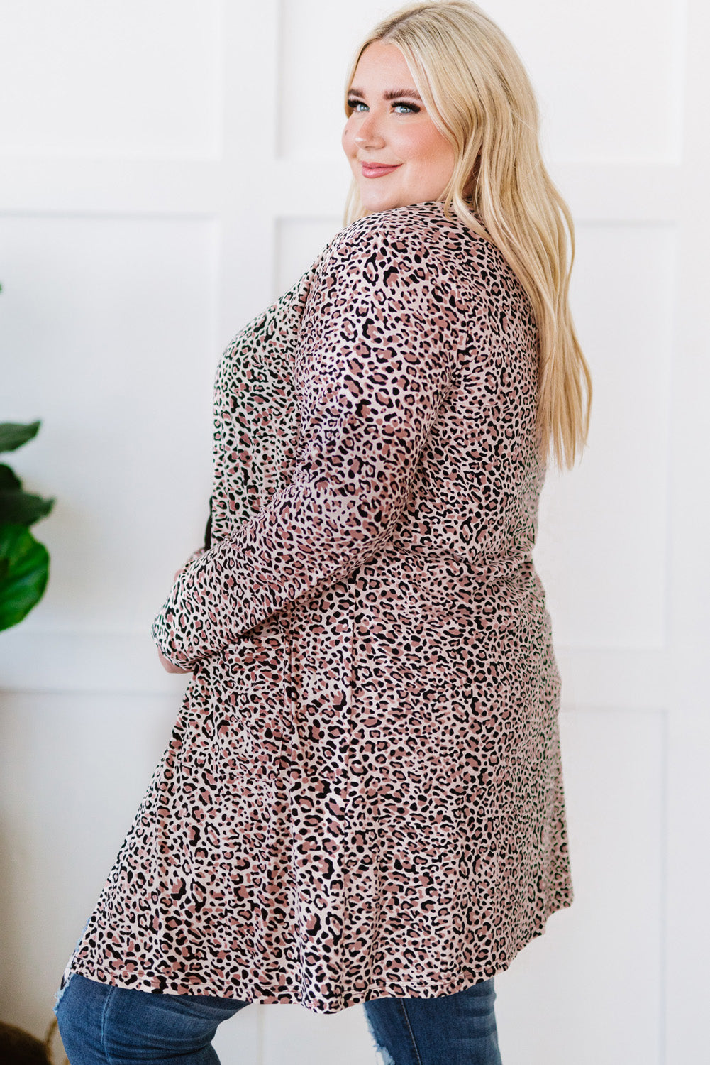 Plus Size Leopard Open Front Cardigan with Pockets