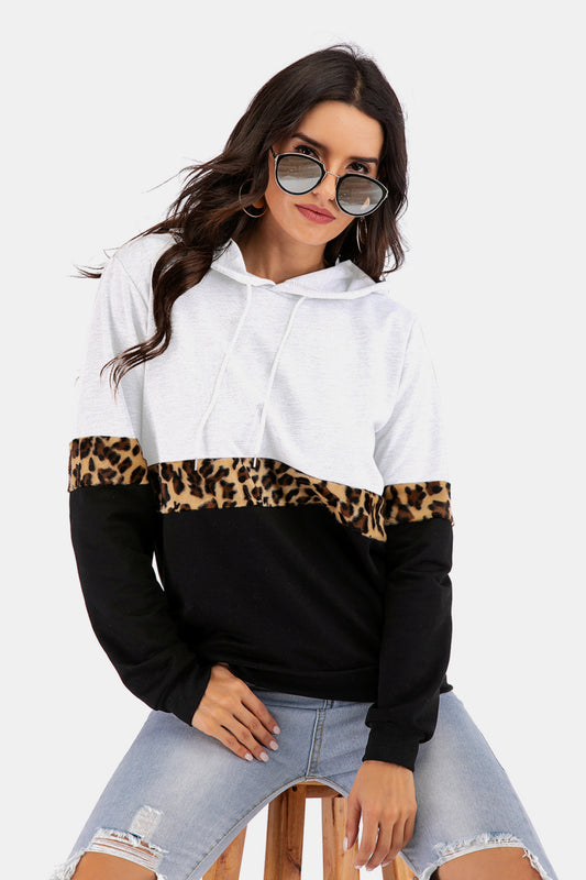 Color Block Leopard Print Drawstring Hoodie