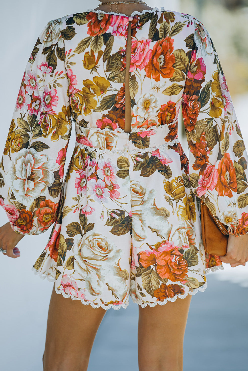 Floral  Lace Trim V-Neck Balloon Sleeve Romper