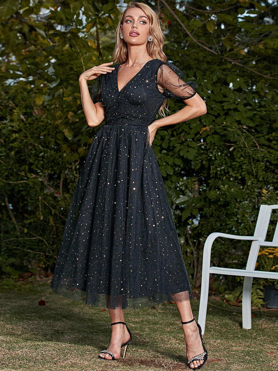 Glitter Spliced Mesh Midi Dress