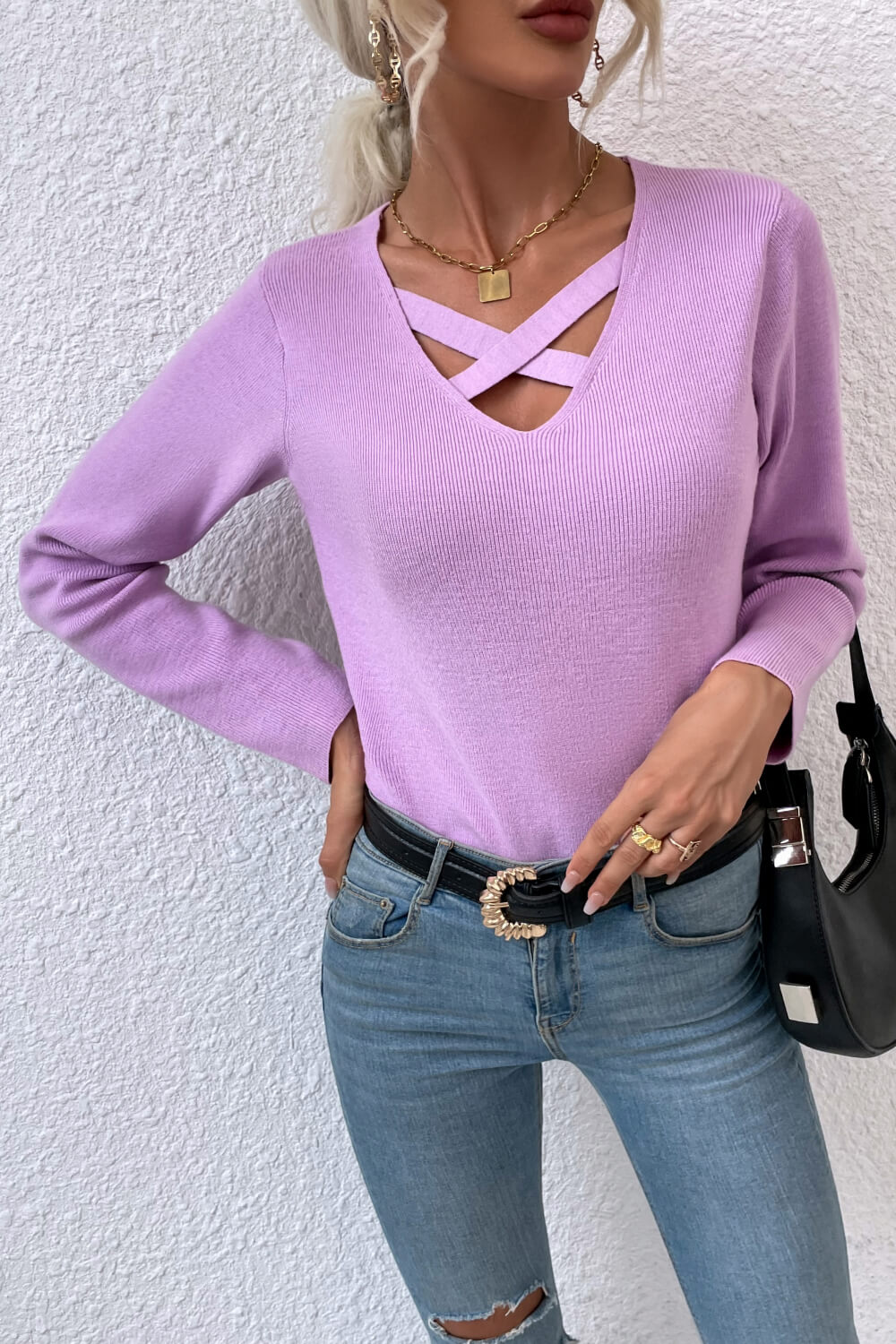 Crisscross V-Neck Knit Top