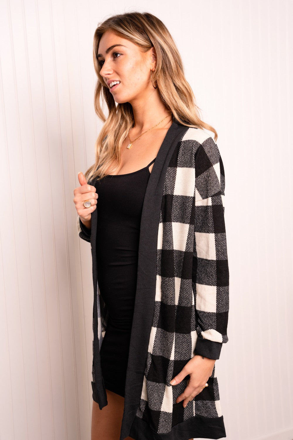 Heimish Full Size Plaid Open Front Dropped Shoulder Top