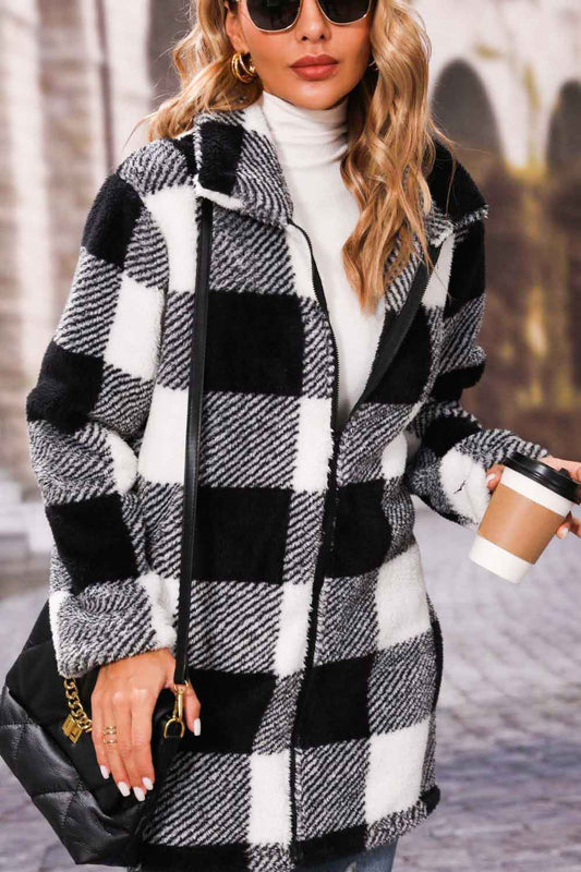Plaid Zip Up Fleece Longline Jacket