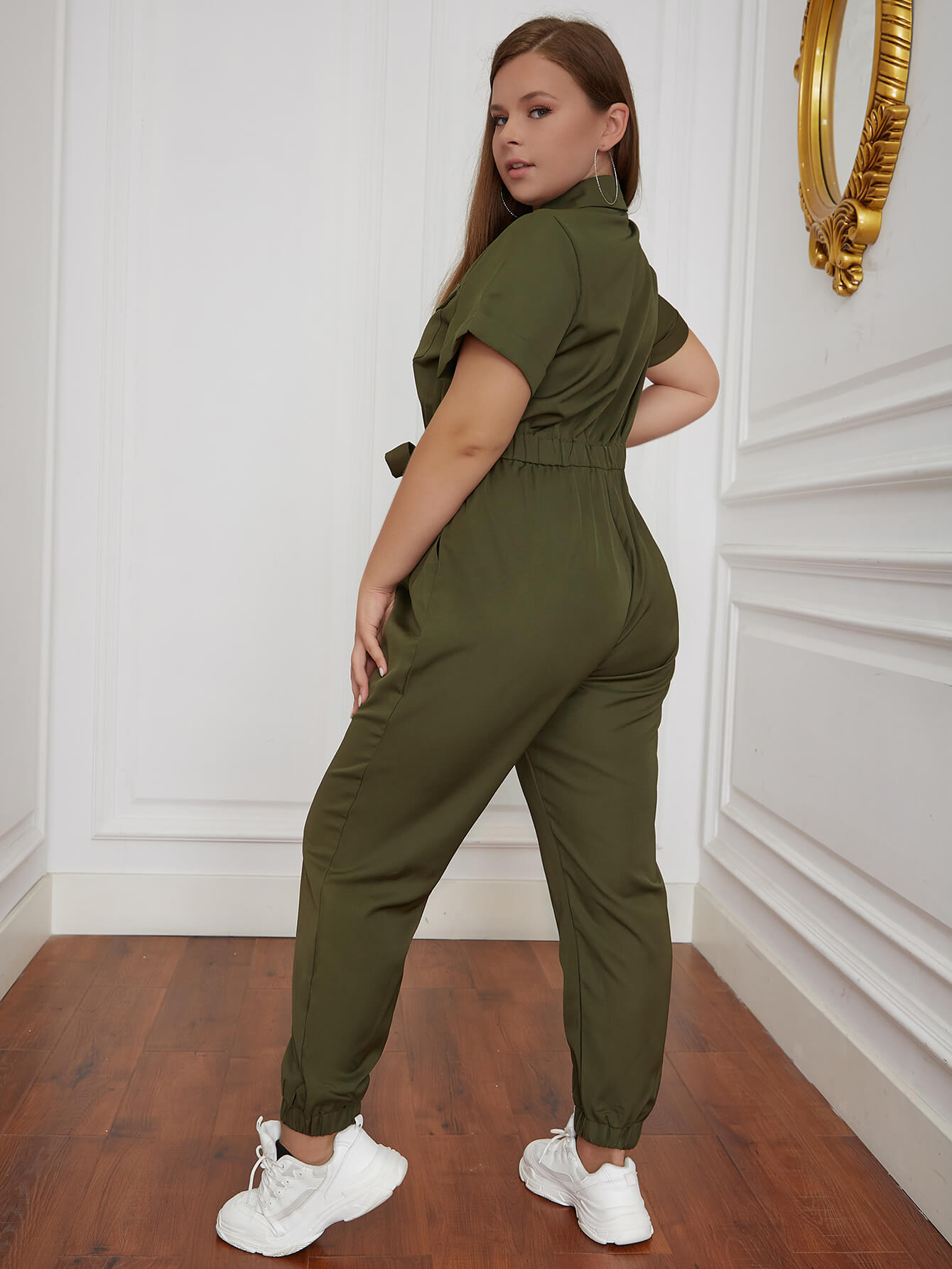 Plus Size Belted Zip Up Collared Jumpsuit
