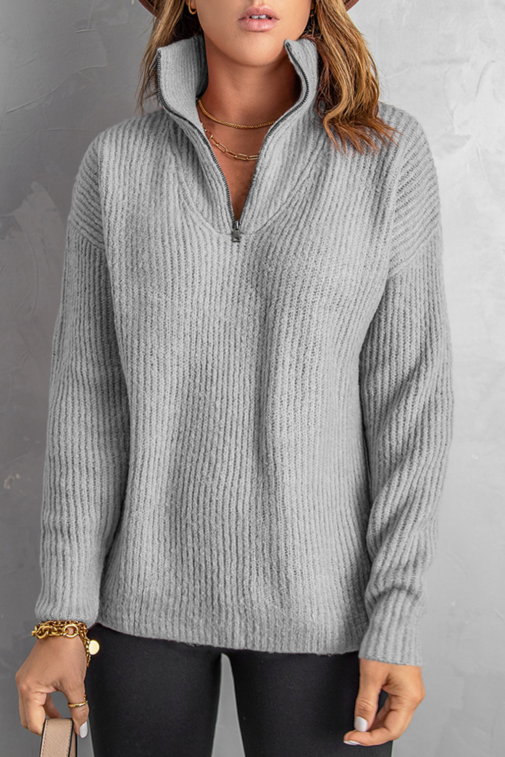 Quarter-Zip Rib-Knit Dropped Shoulder Knit Pullover