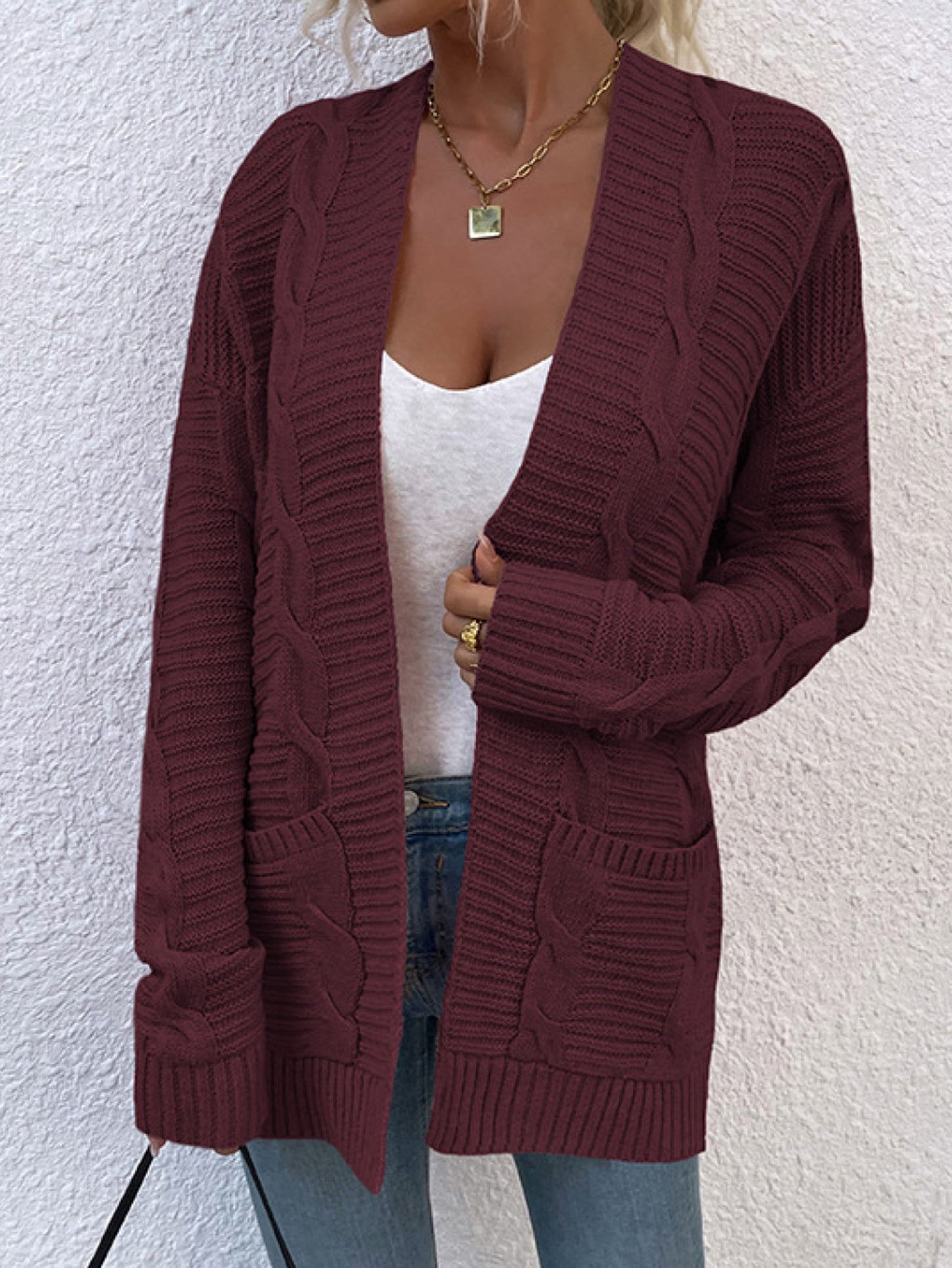 Cable-Knit Open Front Cardigan with Pockets