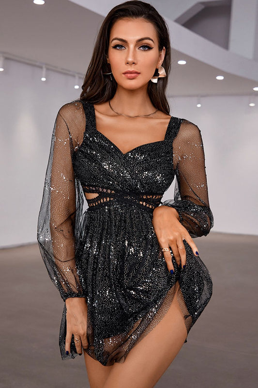 Glitter Ruched Mesh Sleeve Mini Dress