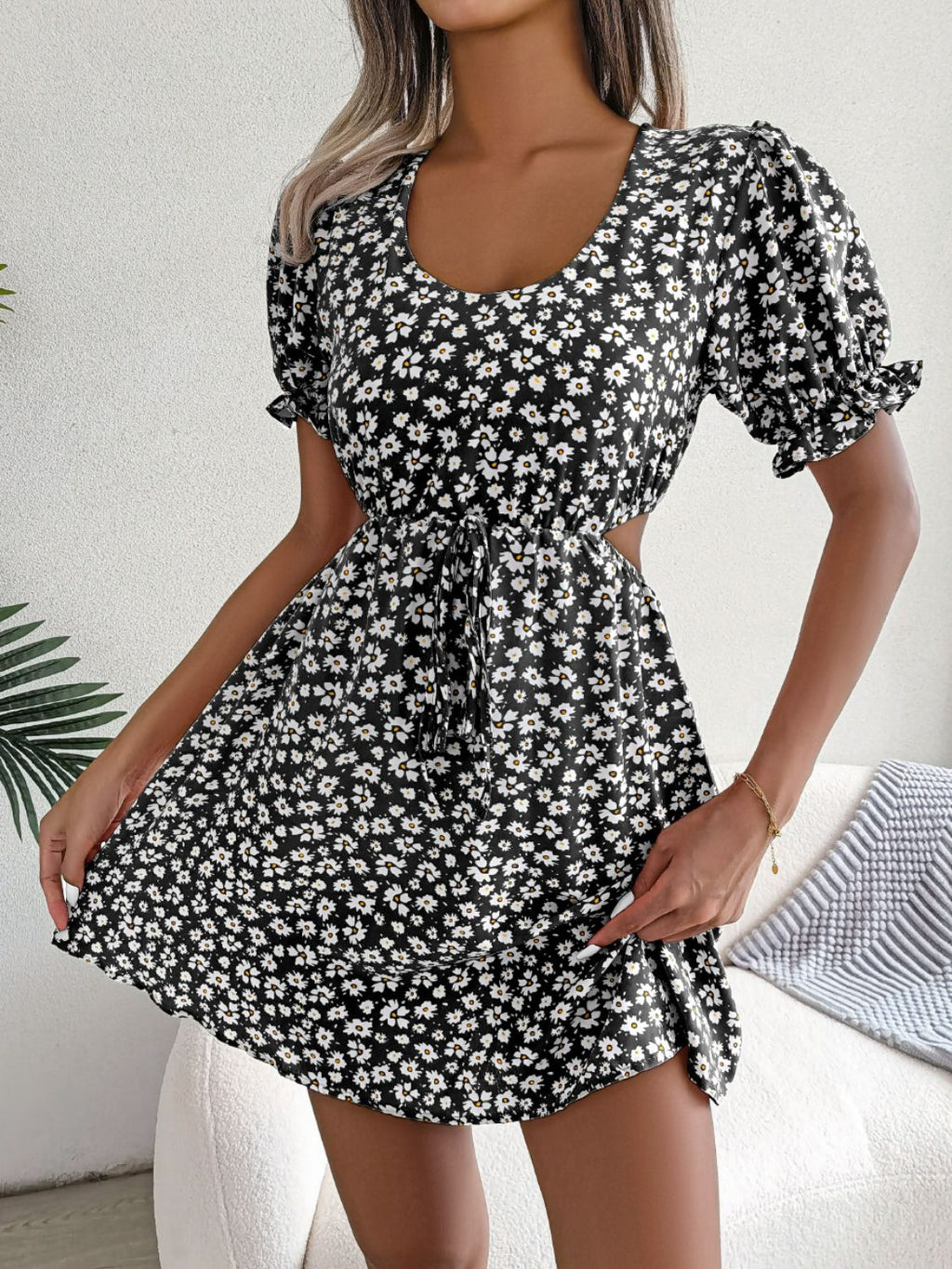 Floral Cutout Flounce Sleeve Dress