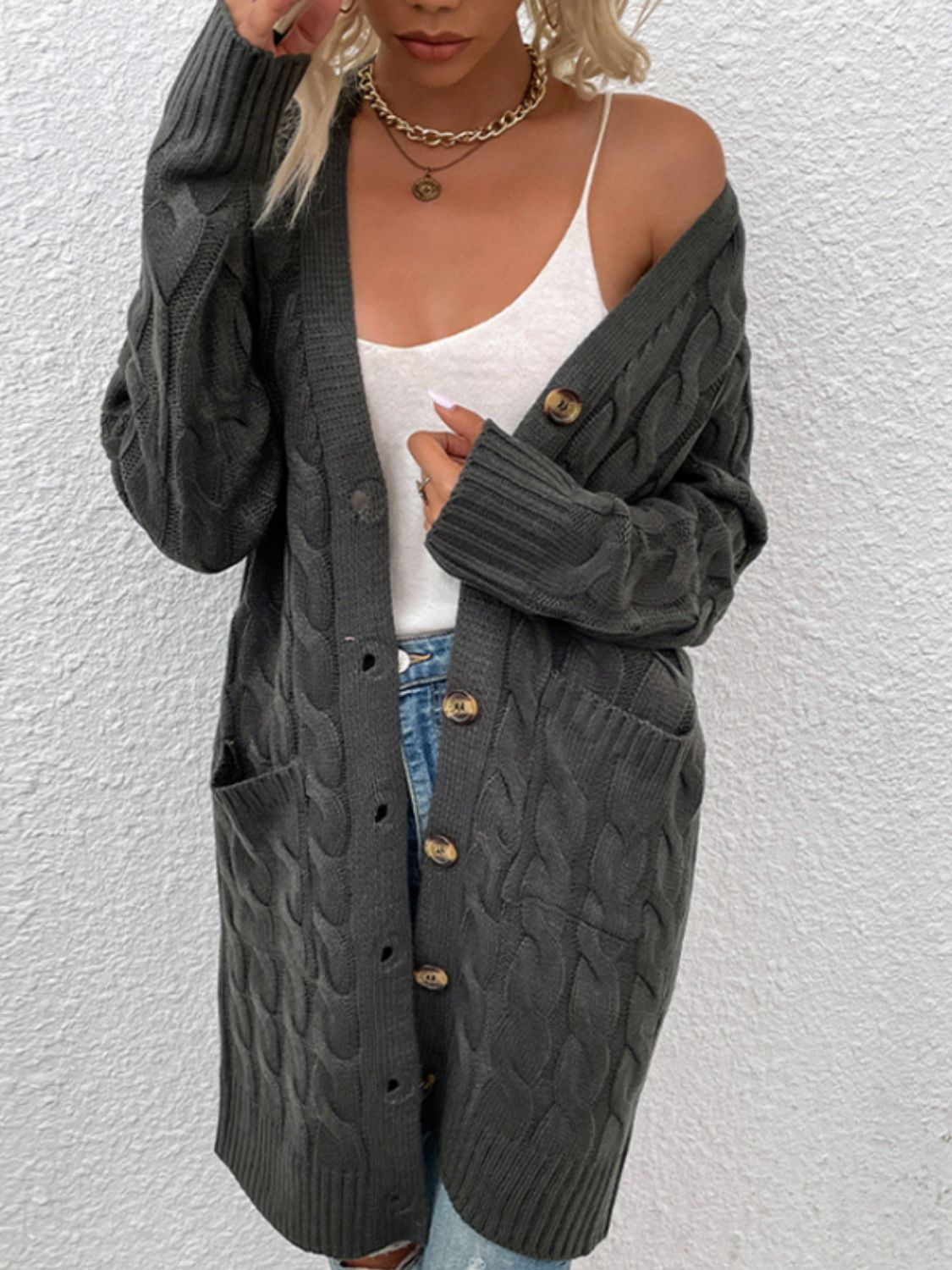 Cable-Knit Button Down Longline Cardigan with Pockets