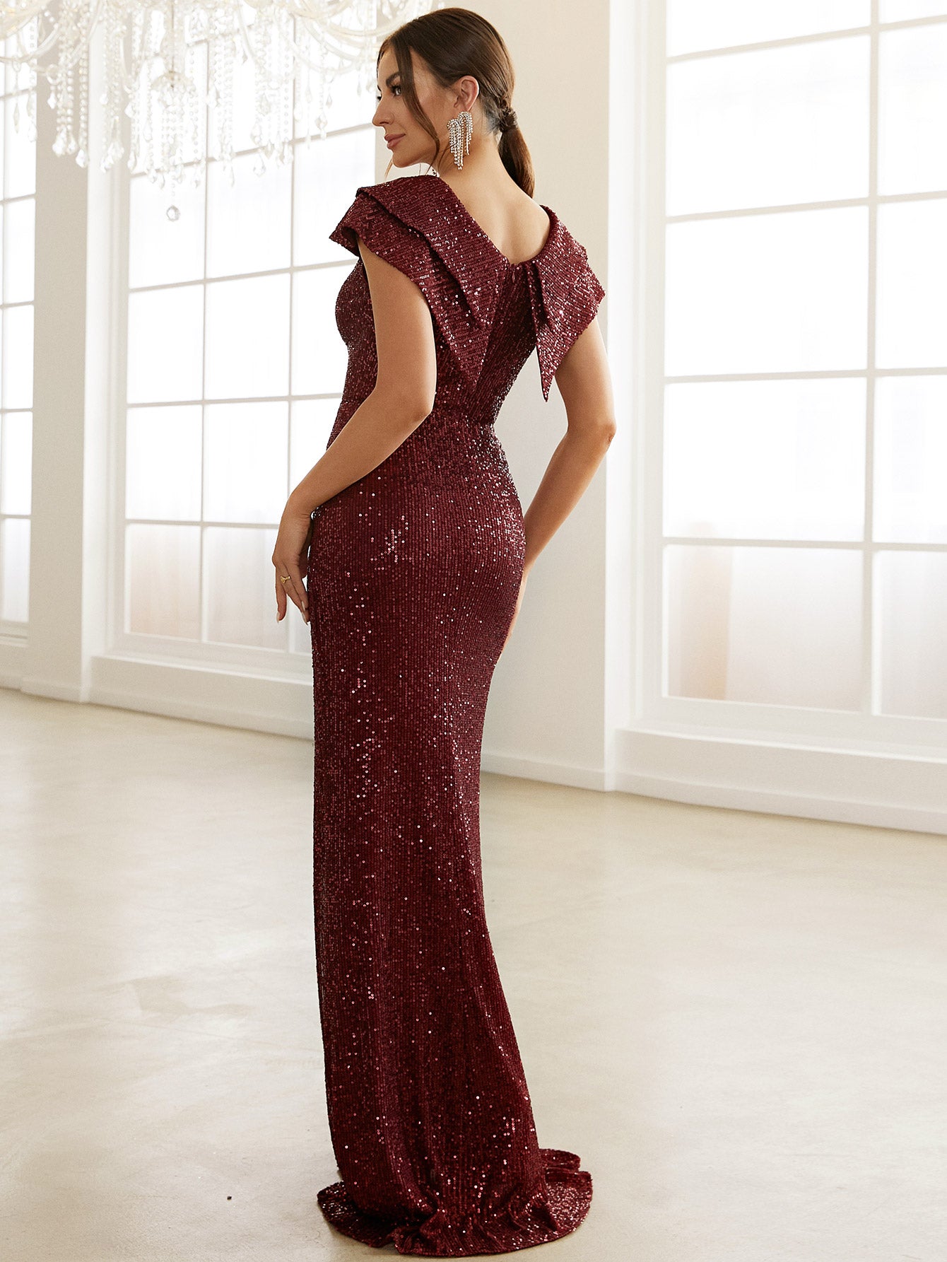Sequin Capped Sleeve Split Dress