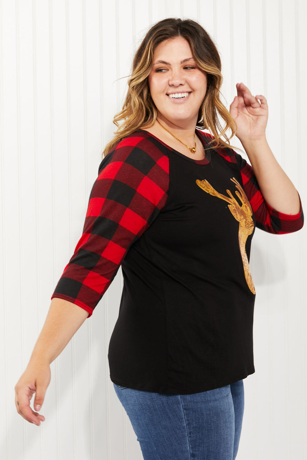 Acting Pro Oh Deer Full Size Sequin Plaid Sleeves Top