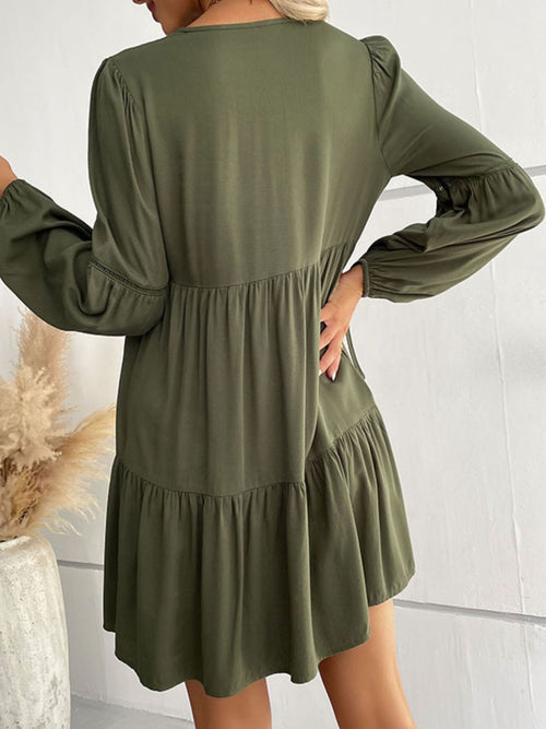 Buttoned Puff Sleeve Tiered Dress