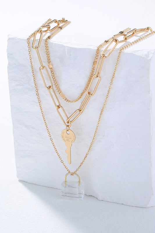 Crystal Lock and Key Pendant Three-Piece Necklace Set