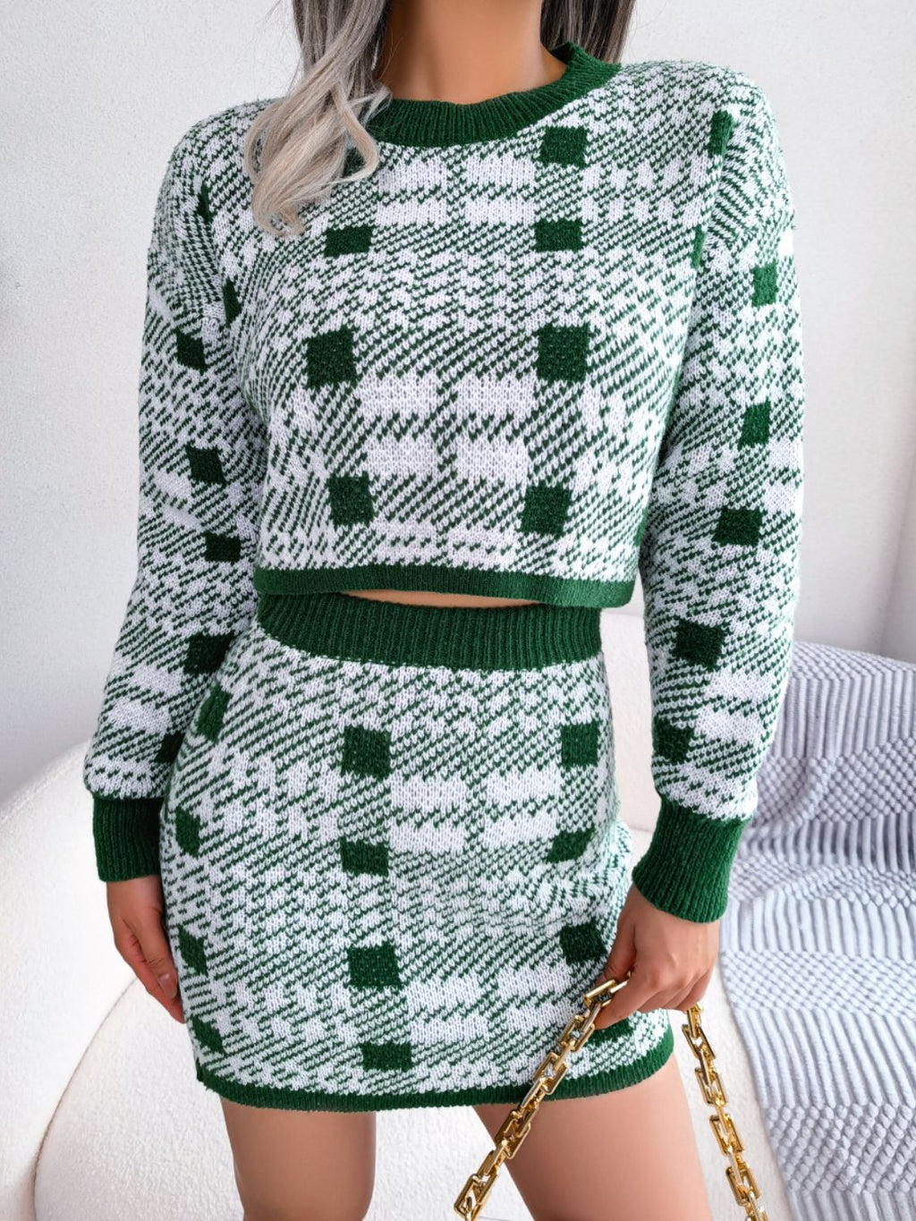 Plaid Cropped Sweater and Knit Skirt Set