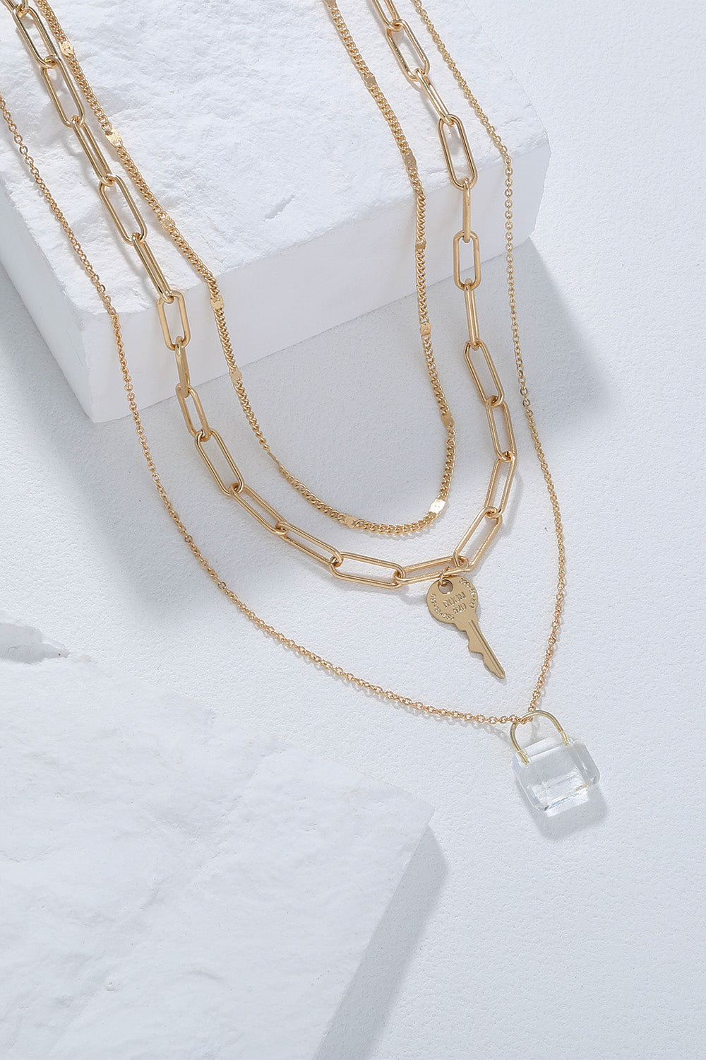 Crystal Lock and Key Pendant Three-Piece Necklace Set